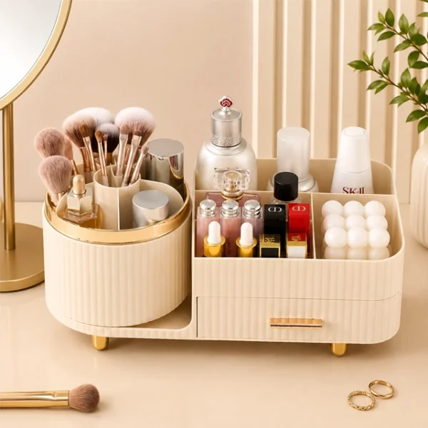 Rotatable Makeup Brush Holder & Cosmetic Storage Organizer with Drawer
